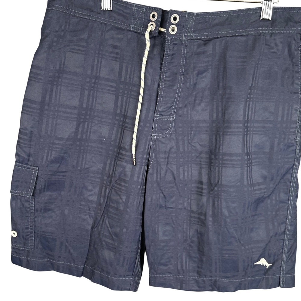 Tommy Bahama Relax Men Navy Blue Plaid Swim Trunks Board Shorts Cargo Size Large
